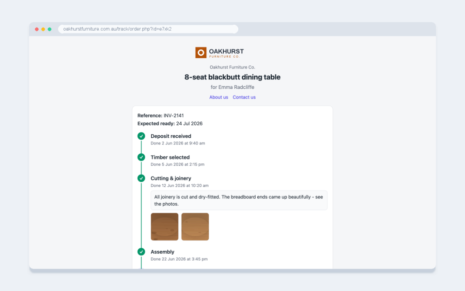The tracking page your customer sees: business logo, order details and a live stage-by-stage progress timeline