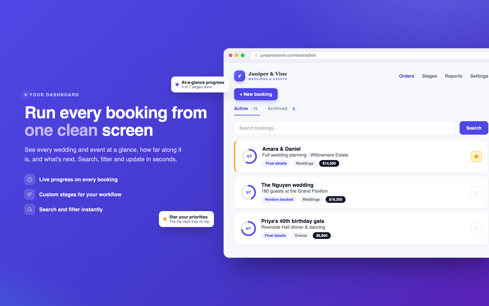 OnTrack admin dashboard listing weddings and events with live progress