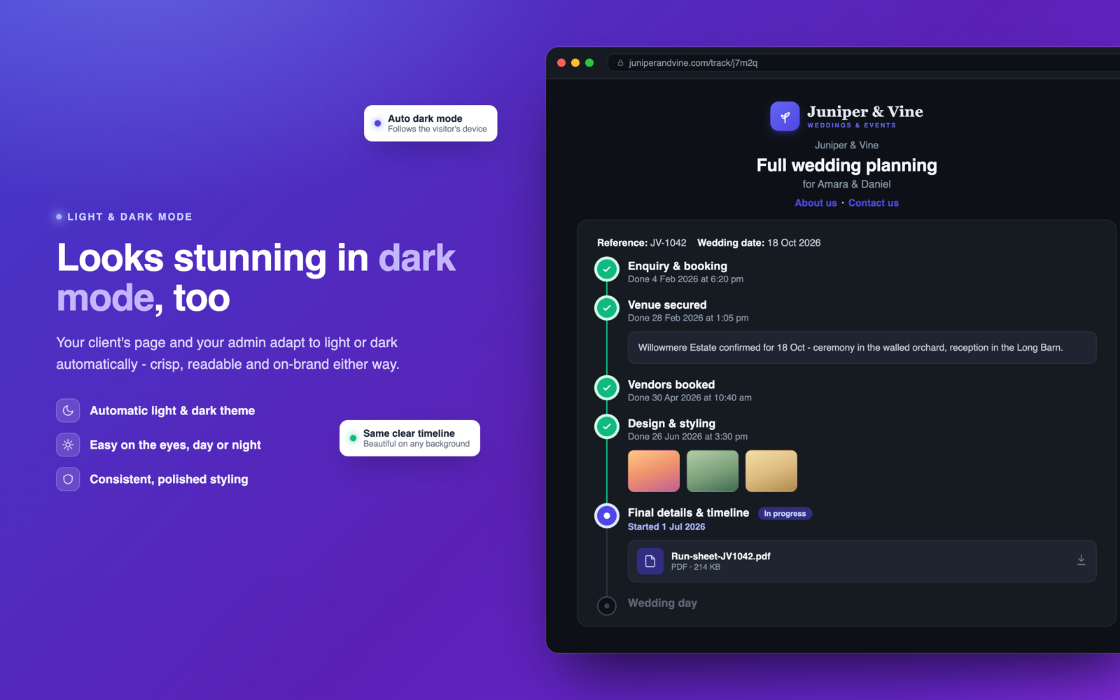 OnTrack customer tracking page in dark mode