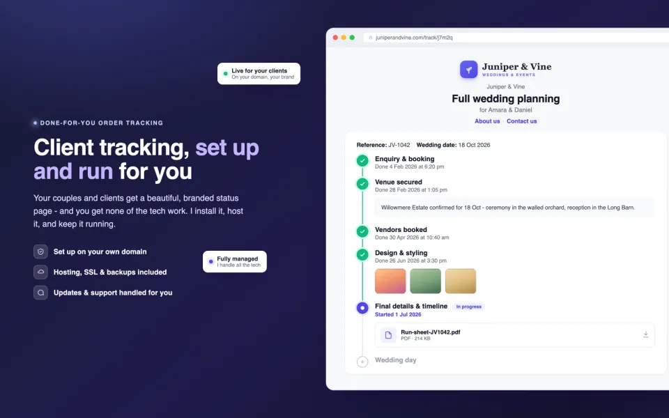 Fully managed OnTrack customer tracking page, set up and hosted for you