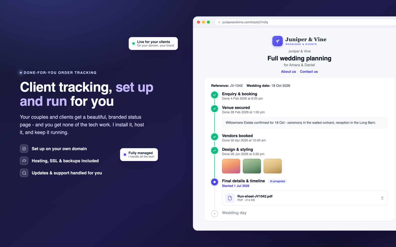 Fully managed OnTrack customer tracking page, set up and hosted for you