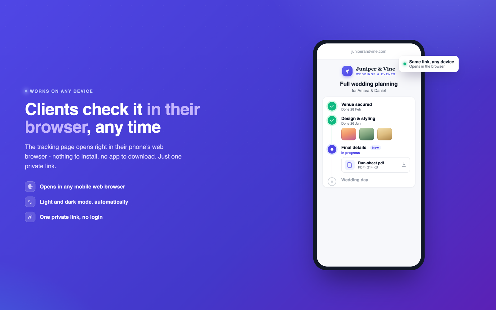 OnTrack customer tracking page open in a mobile web browser