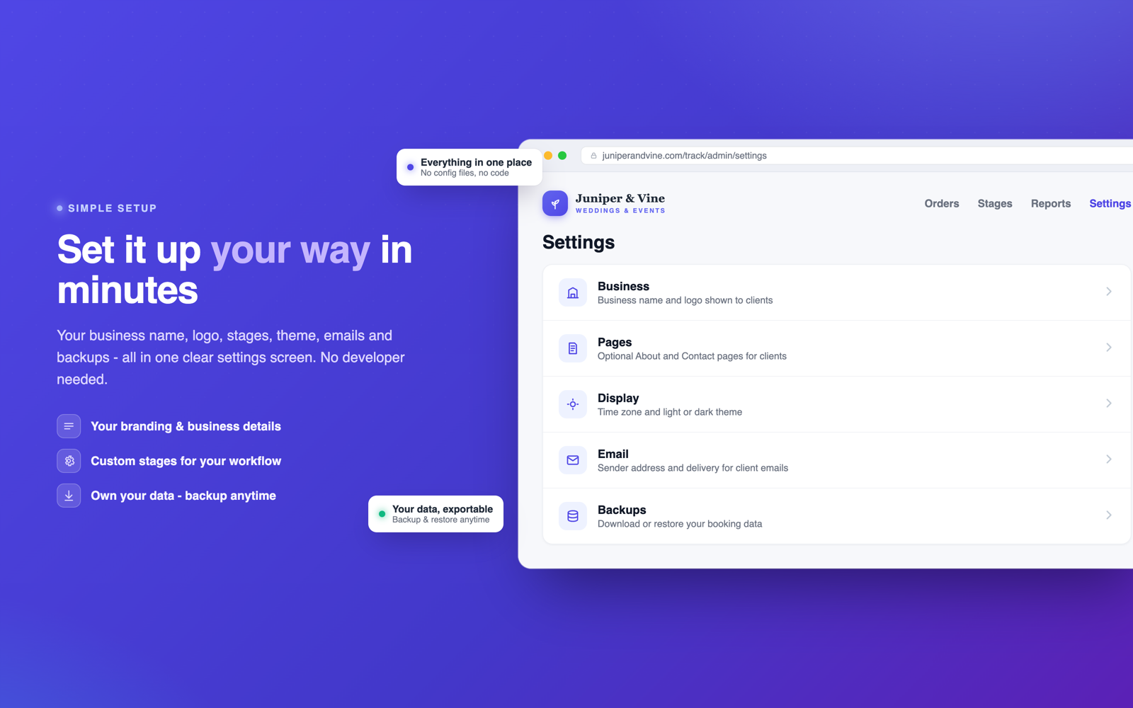 OnTrack settings for stages, branding and domain